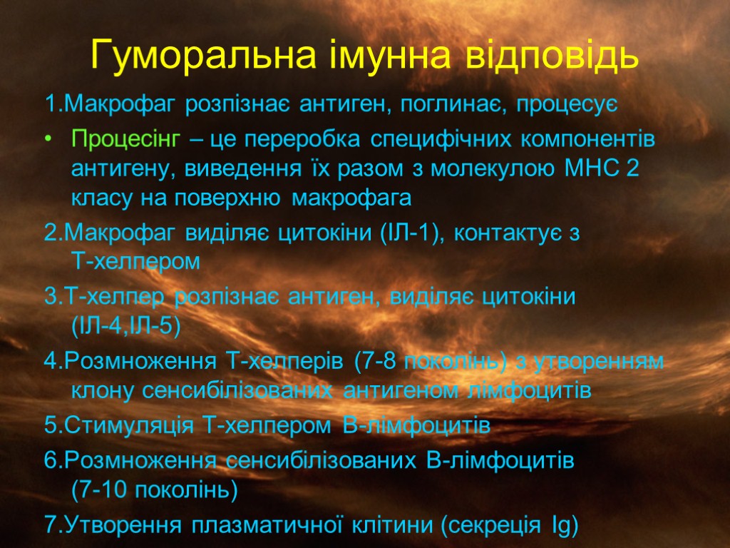 Гуморальна імунна відповідь 1.Макрофаг розпізнає антиген, поглинає, процесує Процесінг – це переробка специфічних компонентів